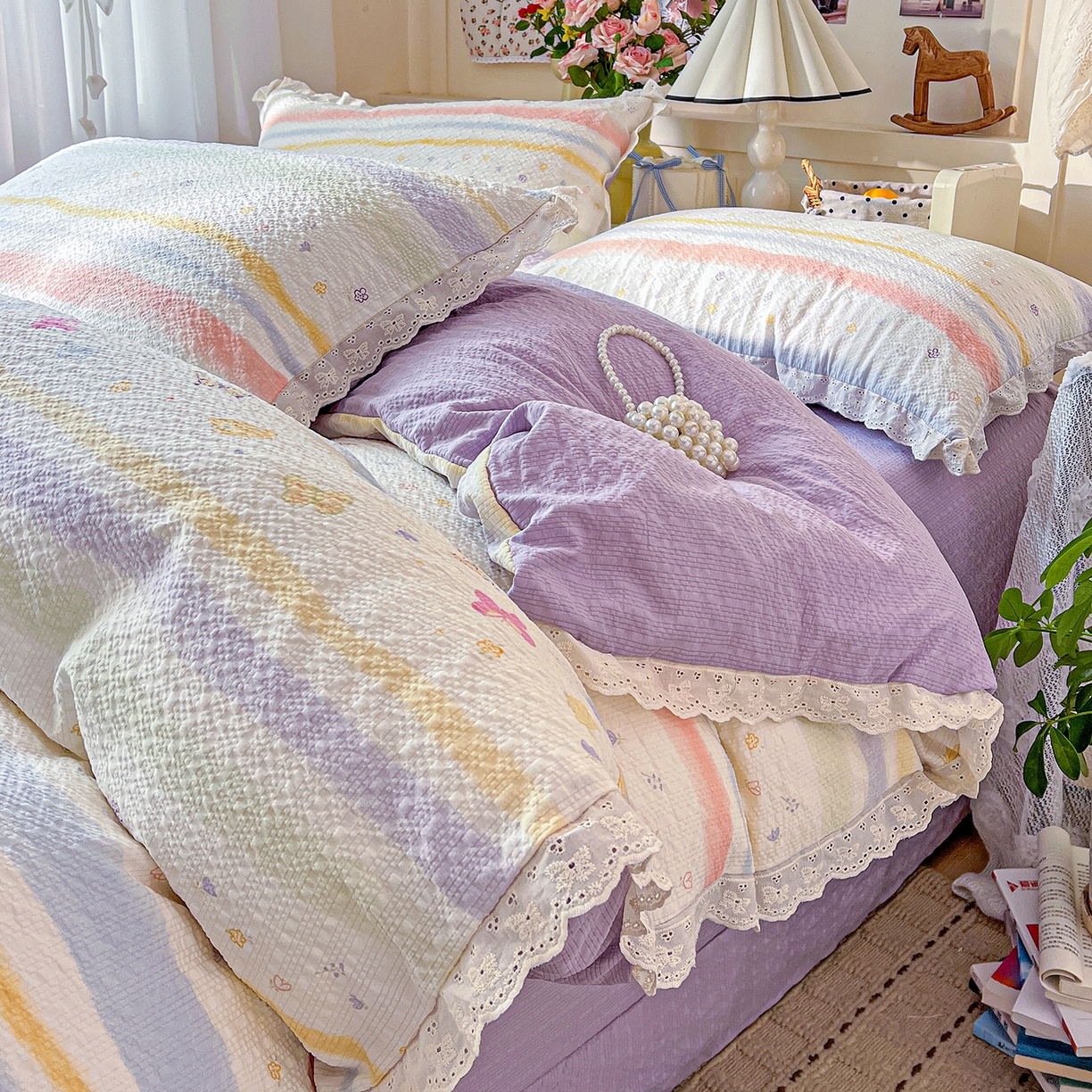 一比一家纺 2026新款泡芙纱花边四件套 蝶屿