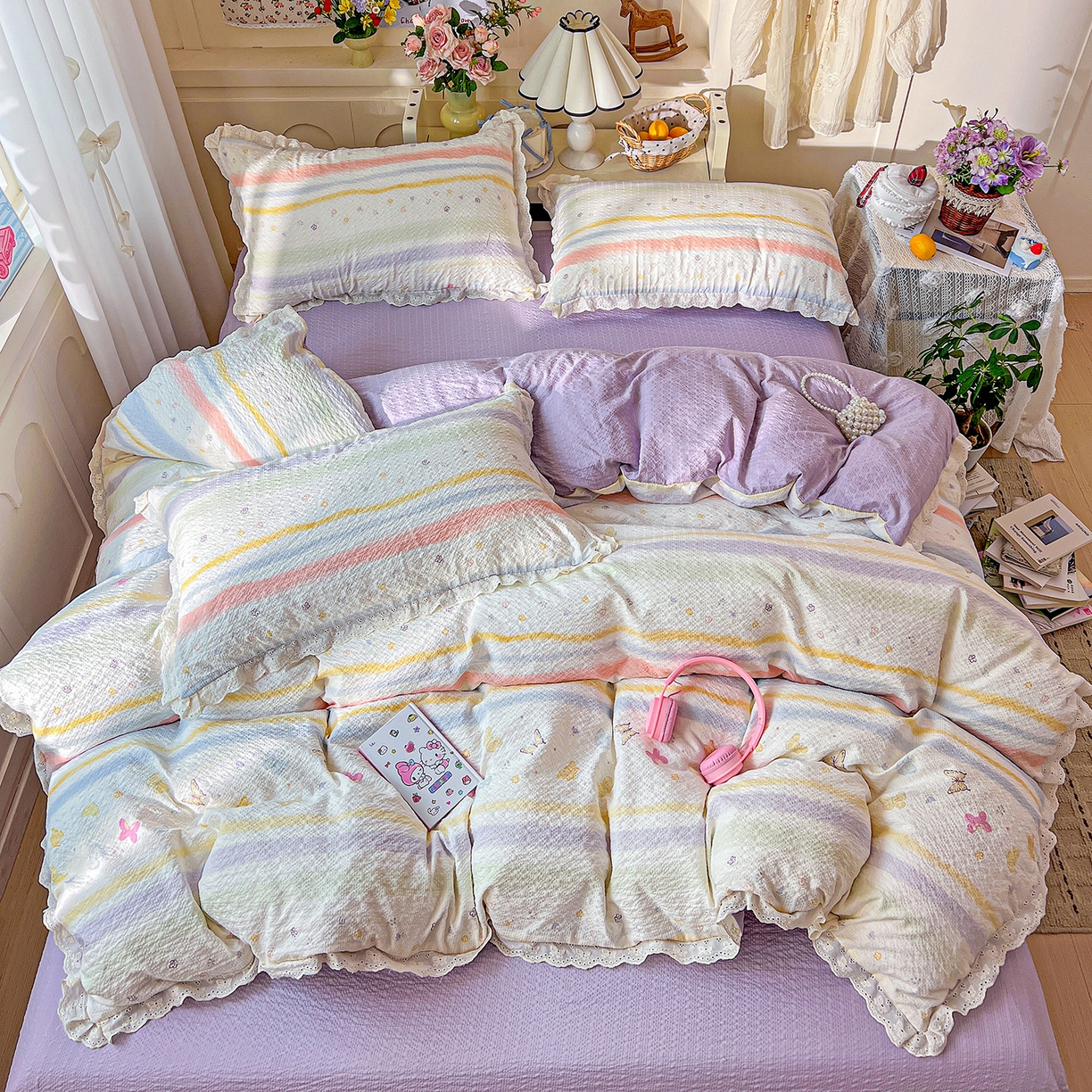 91家纺网 家纺一手货源 找家纺 一比一家纺 2026新款泡芙纱花边四件套 蝶屿