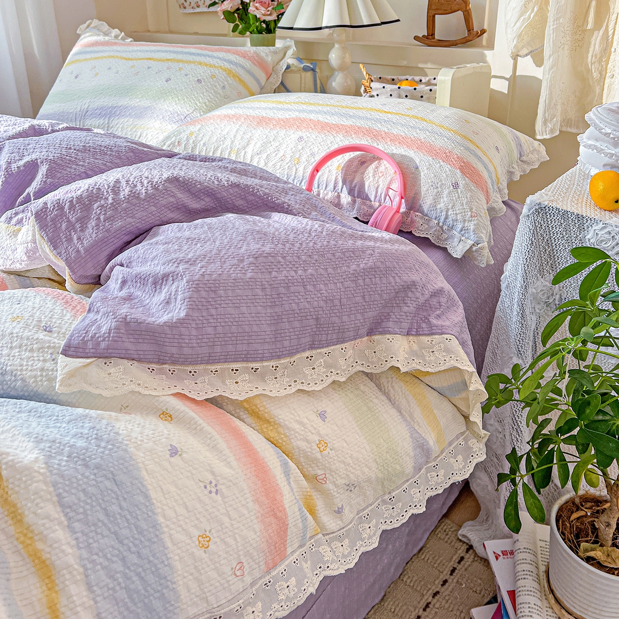 91家纺网 家纺一手货源 找家纺 一比一家纺 2026新款泡芙纱花边四件套 蝶屿