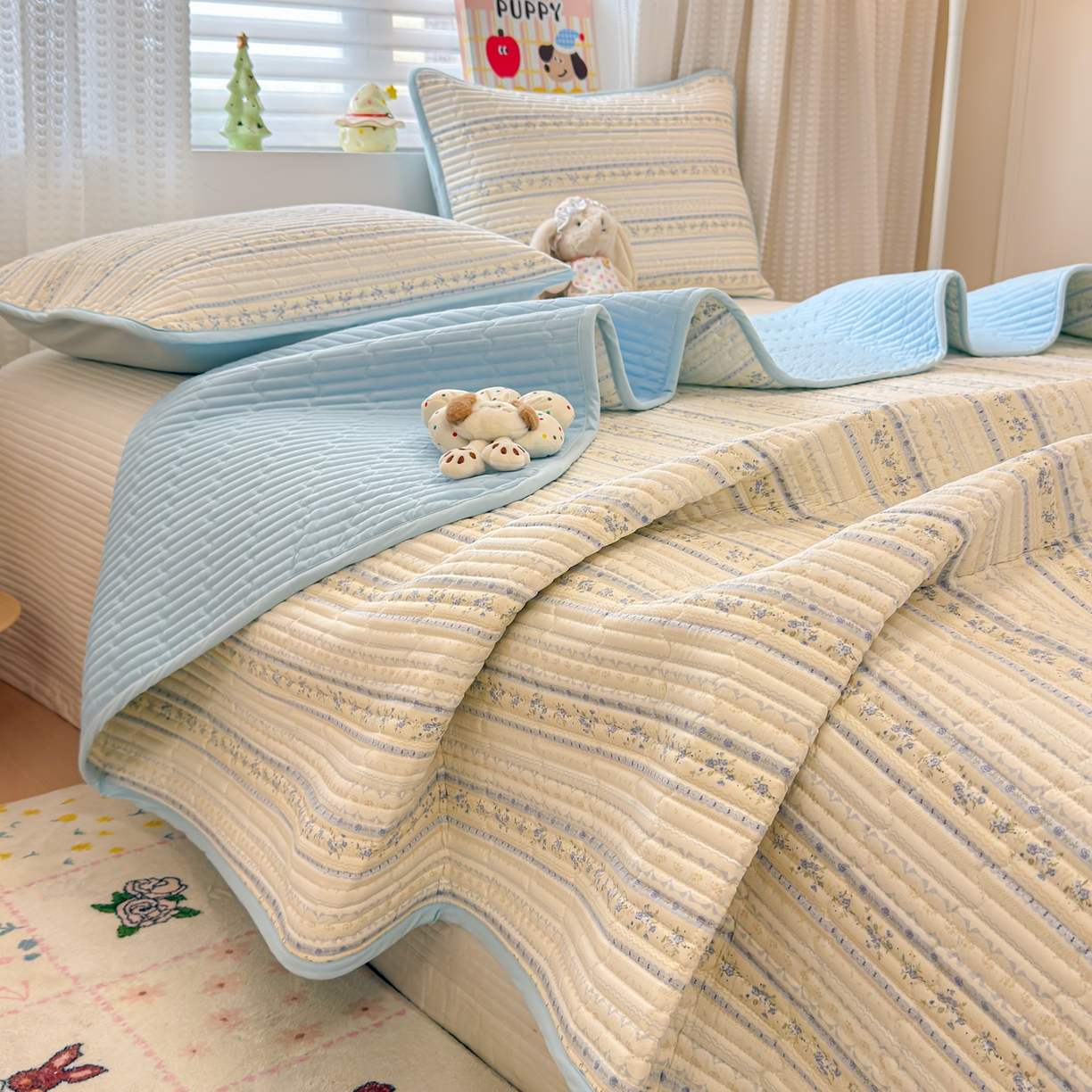 雅萱家纺 2026新款森系全棉夹棉印花床盖 雾蓝花境