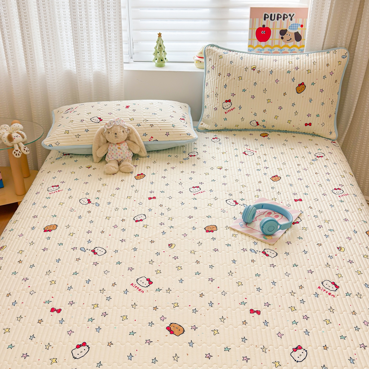 91家纺网 家纺一手货源 找家纺 雅萱家纺 2026新款森系全棉夹棉印花床盖 星星猫