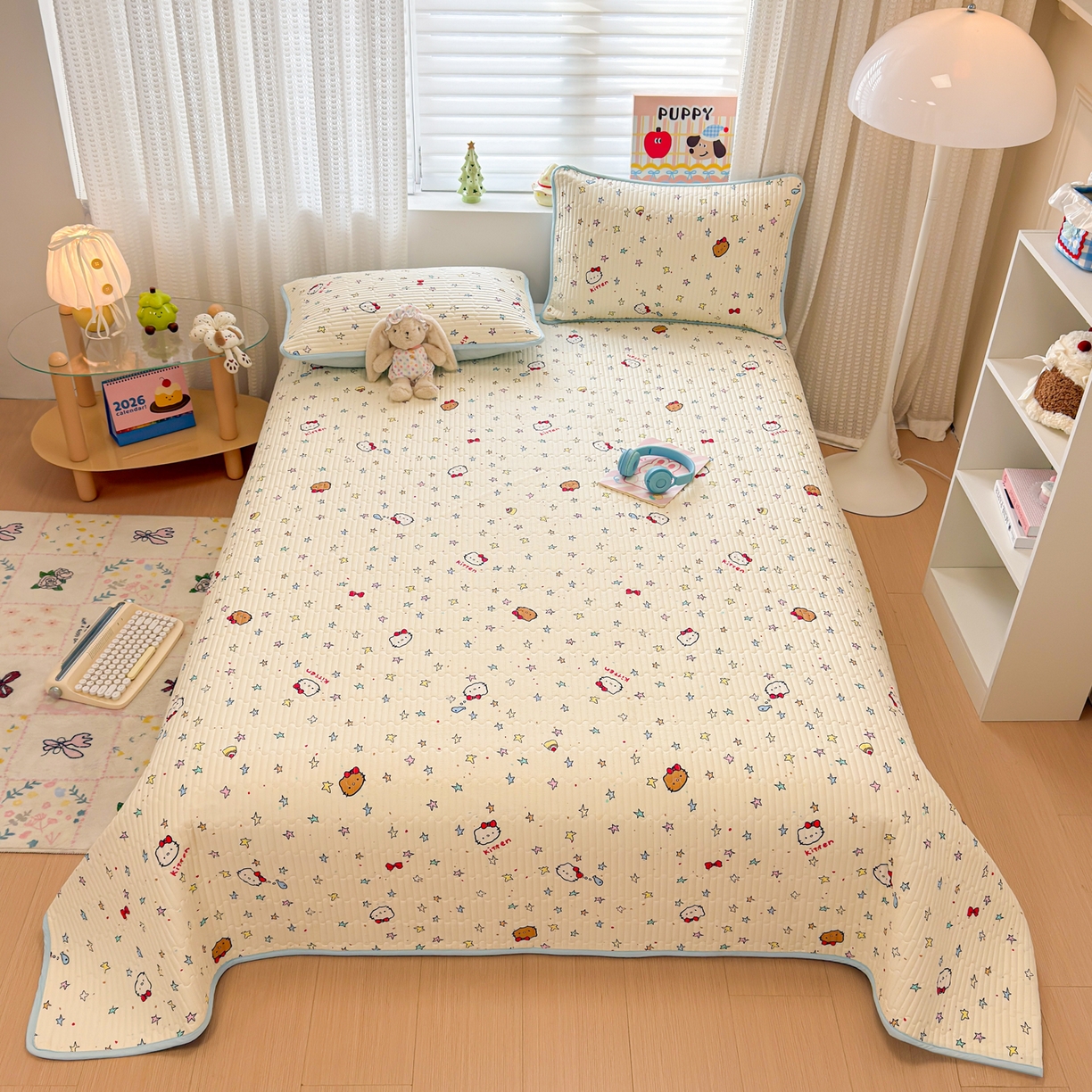 91家纺网 家纺一手货源 找家纺 雅萱家纺 2026新款森系全棉夹棉印花床盖 星星猫