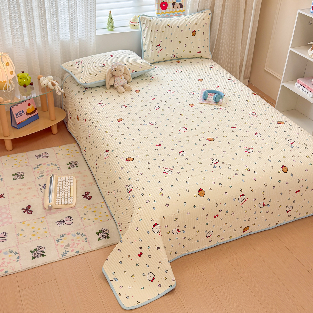 91家纺网 家纺一手货源 找家纺 雅萱家纺 2026新款森系全棉夹棉印花床盖 星星猫