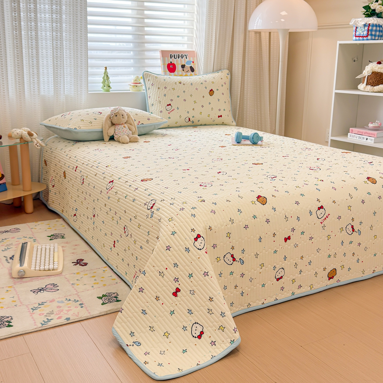 91家纺网 家纺一手货源 找家纺 雅萱家纺 2026新款森系全棉夹棉印花床盖 星星猫