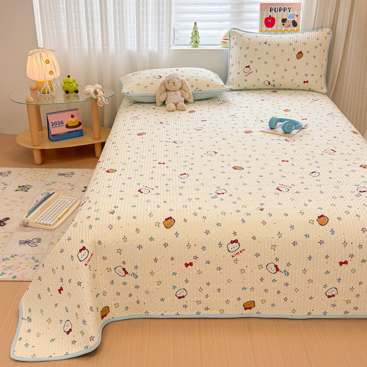 91家纺网 家纺一手货源 找家纺 雅萱家纺 2026新款森系全棉夹棉印花床盖 星星猫