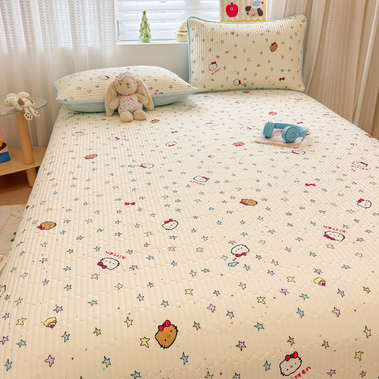 91家纺网 家纺一手货源 找家纺 雅萱家纺 2026新款森系全棉夹棉印花床盖 星星猫