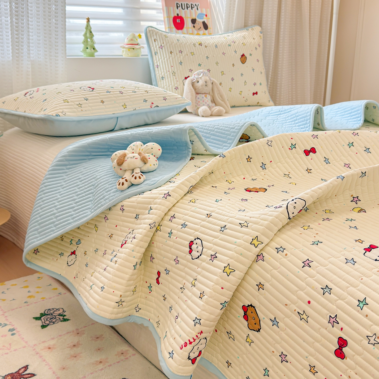 雅萱家纺 2026新款森系全棉夹棉印花床盖 星星猫