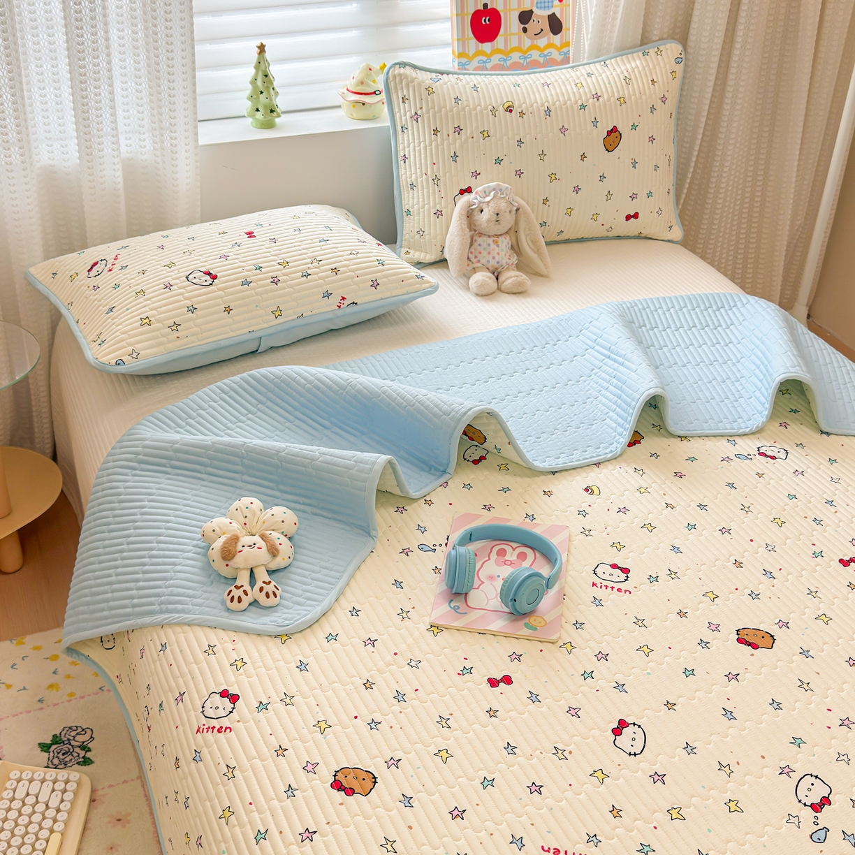 91家纺网 家纺一手货源 找家纺 雅萱家纺 2026新款森系全棉夹棉印花床盖 星星猫