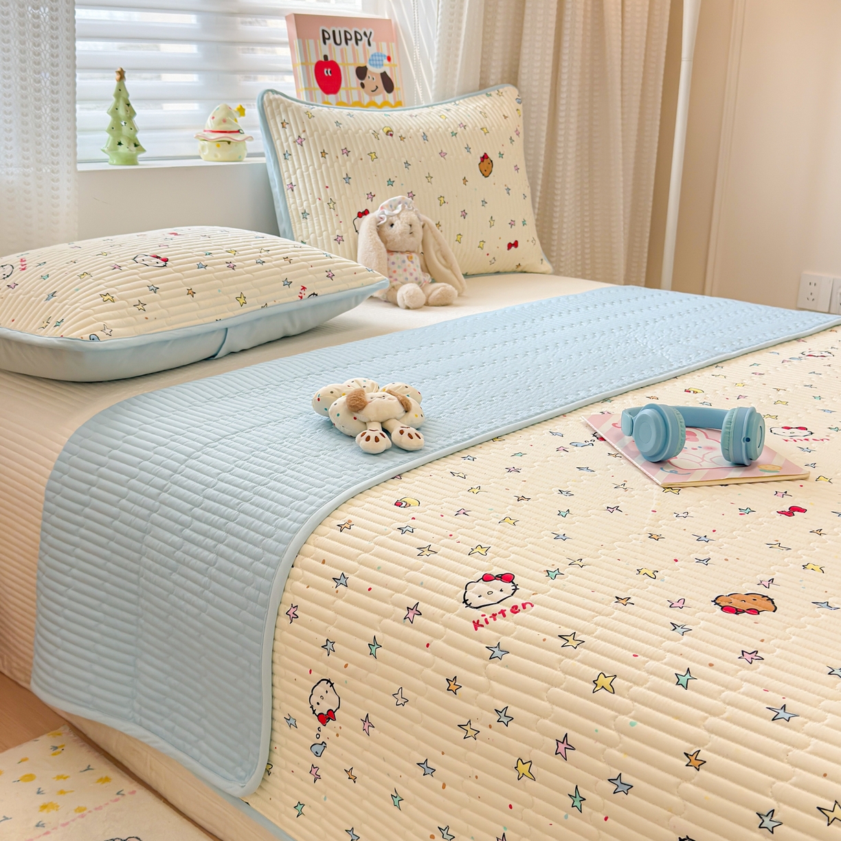 91家纺网 家纺一手货源 找家纺 雅萱家纺 2026新款森系全棉夹棉印花床盖 星星猫