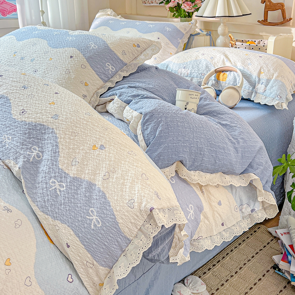 一比一家纺 2026新款泡芙纱花边四件套 果子小象