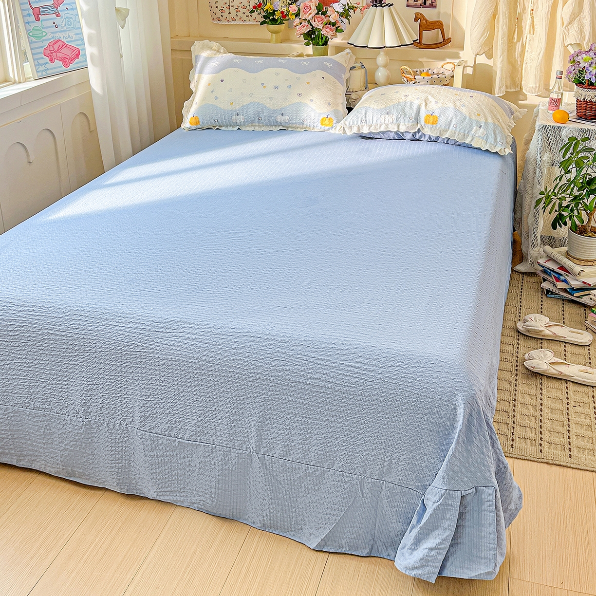 91家纺网 家纺一手货源 找家纺 一比一家纺 2026新款泡芙纱花边四件套 果子小象