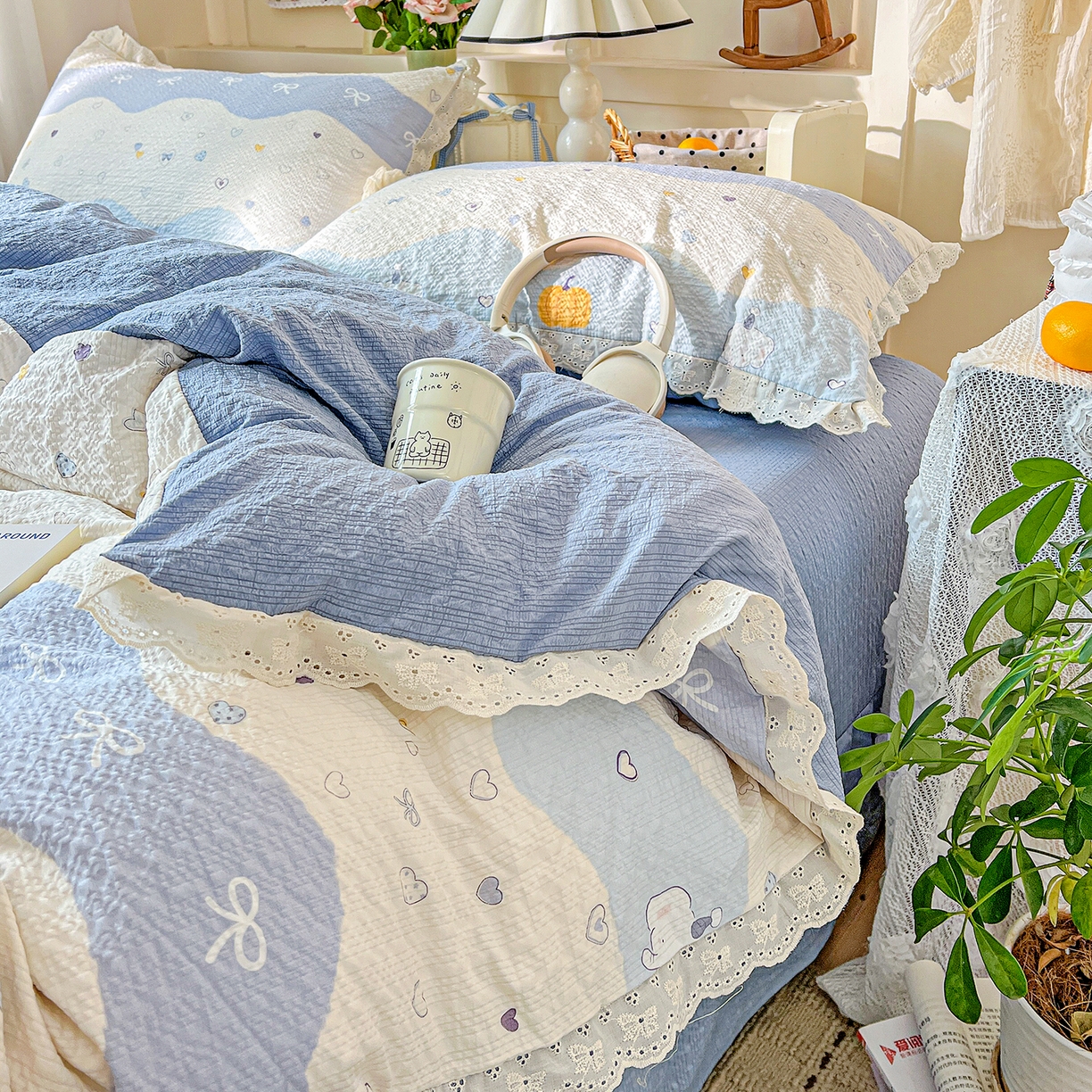 91家纺网 家纺一手货源 找家纺 一比一家纺 2026新款泡芙纱花边四件套 果子小象