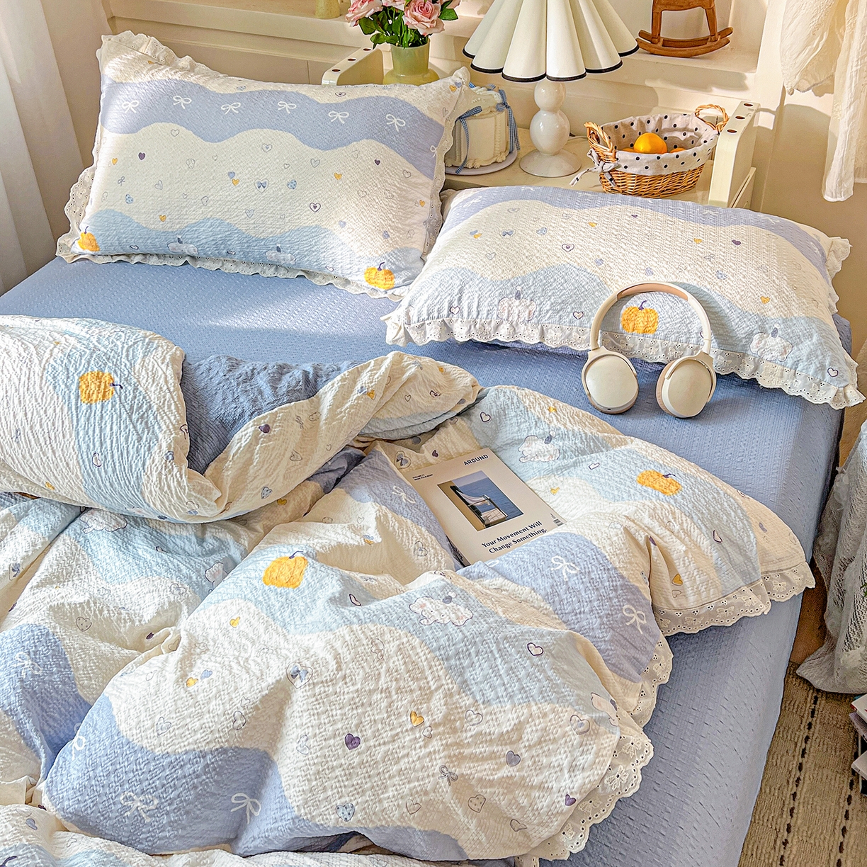 91家纺网 家纺一手货源 找家纺 一比一家纺 2026新款泡芙纱花边四件套 果子小象