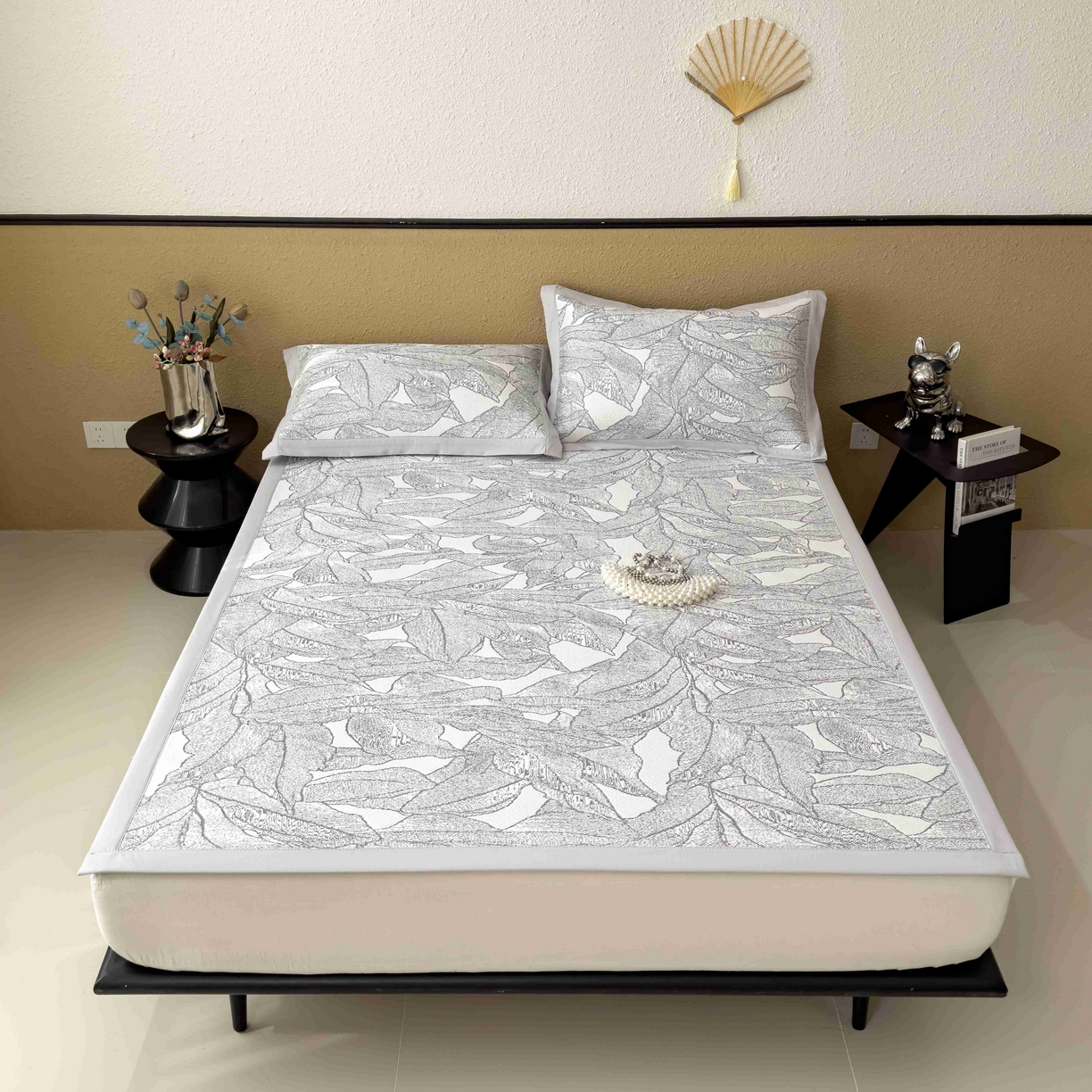 91家纺网 家纺一手货源 找家纺 孩子王家纺 2026春夏新款凉感过0.21夏天家用软席子可机洗空调席夏季高端华夫格凉席三件套 家大叶大-北欧深灰 床单款