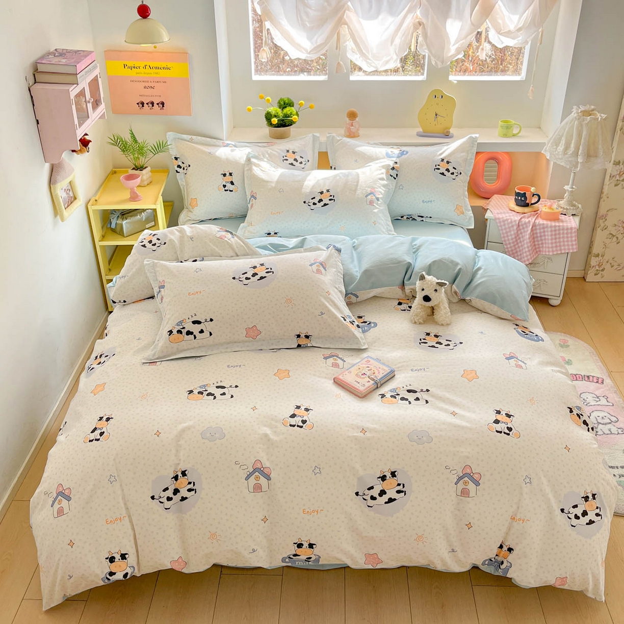 91家纺网 家纺一手货源 找家纺 涵宸家纺 2026新款全棉印花小清新四件套 甜心奶牛