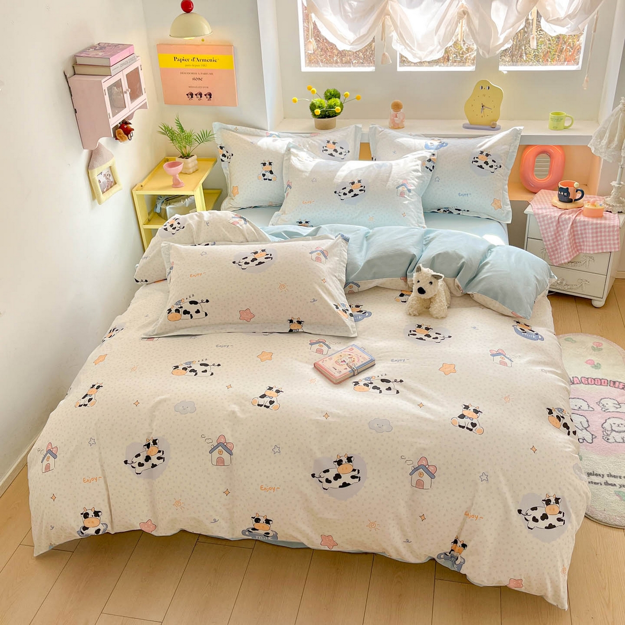 91家纺网 家纺一手货源 找家纺 涵宸家纺 2026新款全棉印花小清新四件套 甜心奶牛