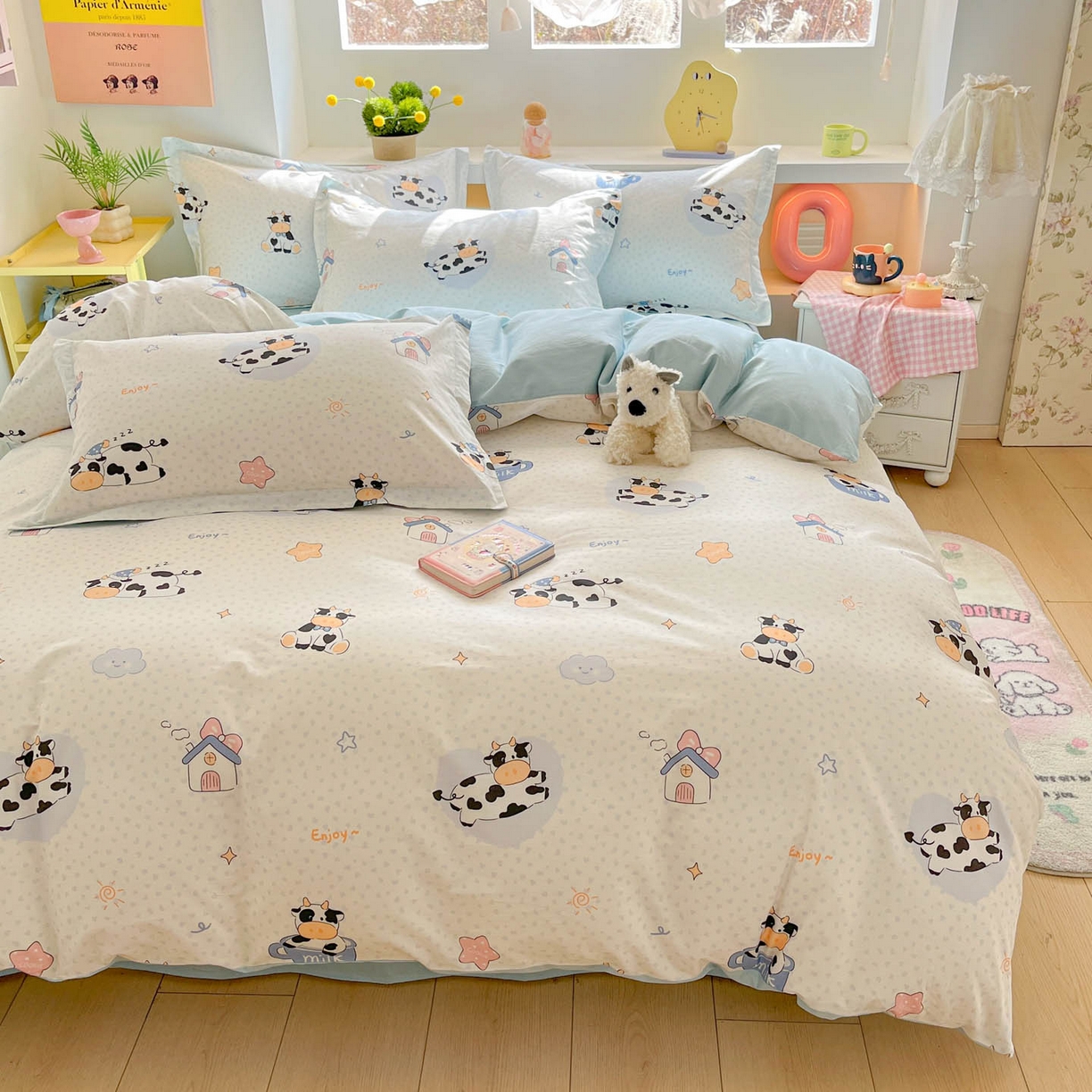 91家纺网 家纺一手货源 找家纺 涵宸家纺 2026新款全棉印花小清新四件套 甜心奶牛