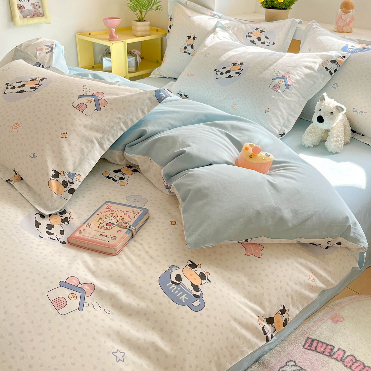 91家纺网 家纺一手货源 找家纺 涵宸家纺 2026新款全棉印花小清新四件套 甜心奶牛