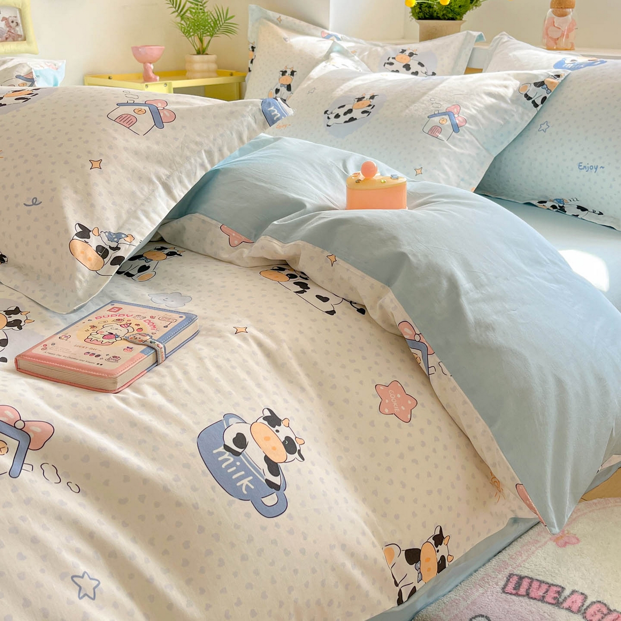 91家纺网 家纺一手货源 找家纺 涵宸家纺 2026新款全棉印花小清新四件套 甜心奶牛