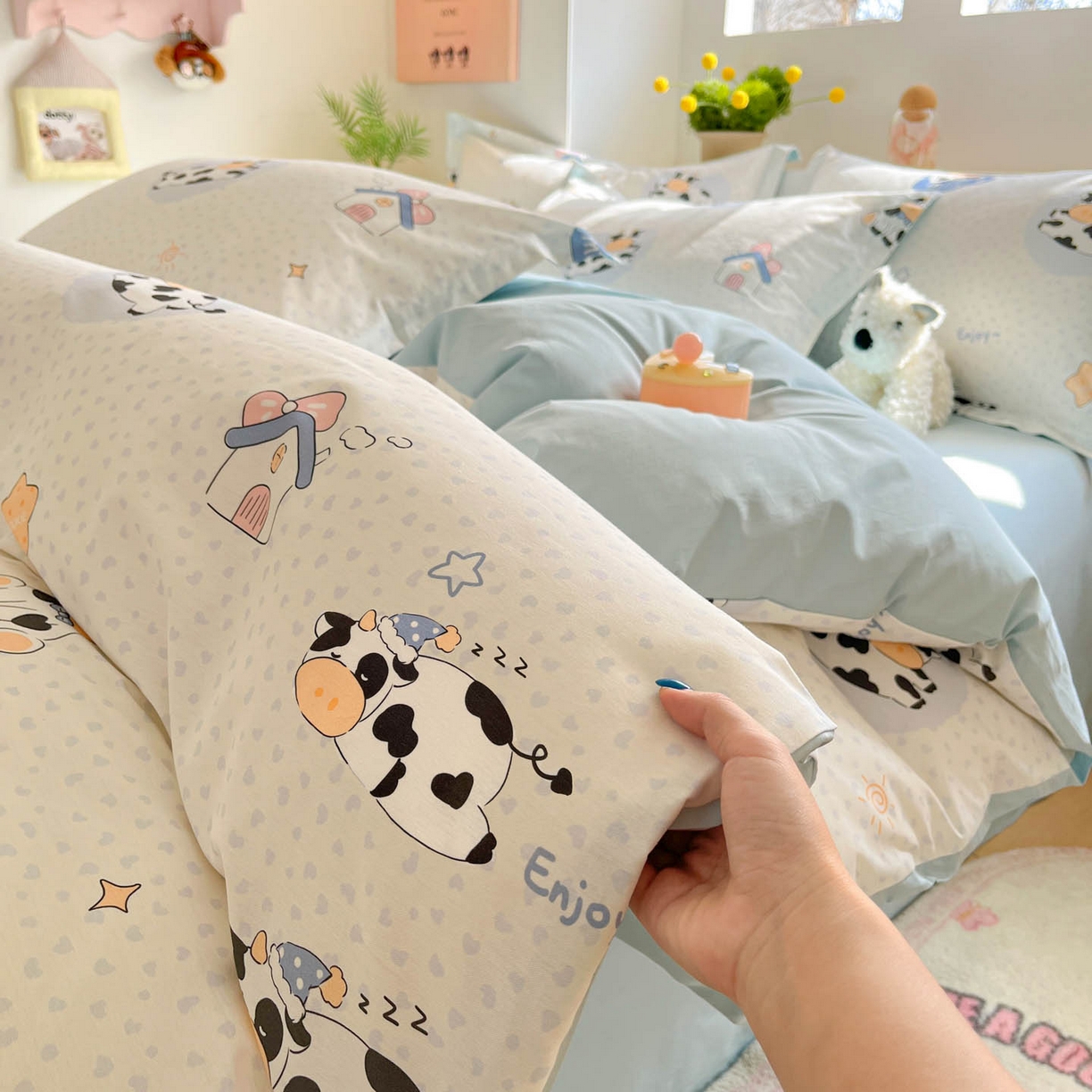 91家纺网 家纺一手货源 找家纺 涵宸家纺 2026新款全棉印花小清新四件套 甜心奶牛