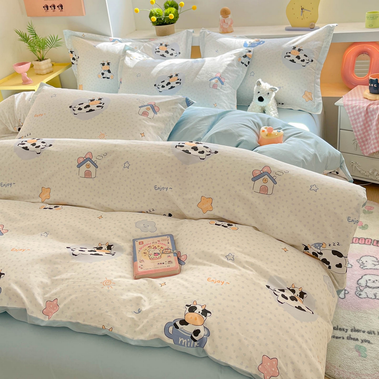 91家纺网 家纺一手货源 找家纺 涵宸家纺 2026新款全棉印花小清新四件套 甜心奶牛