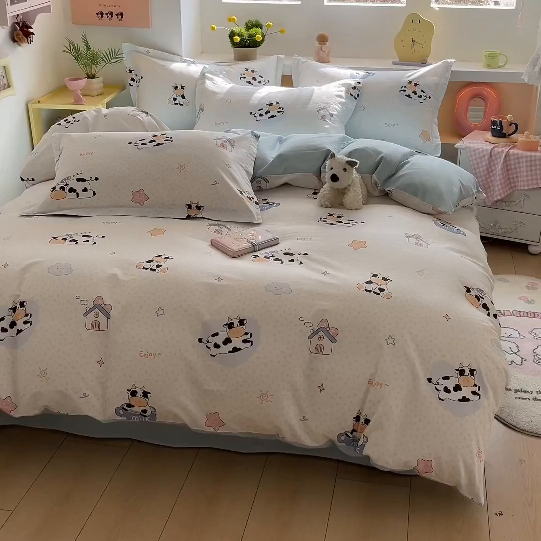 91家纺网 家纺一手货源 找家纺 涵宸家纺 2026新款全棉印花小清新四件套 甜心奶牛