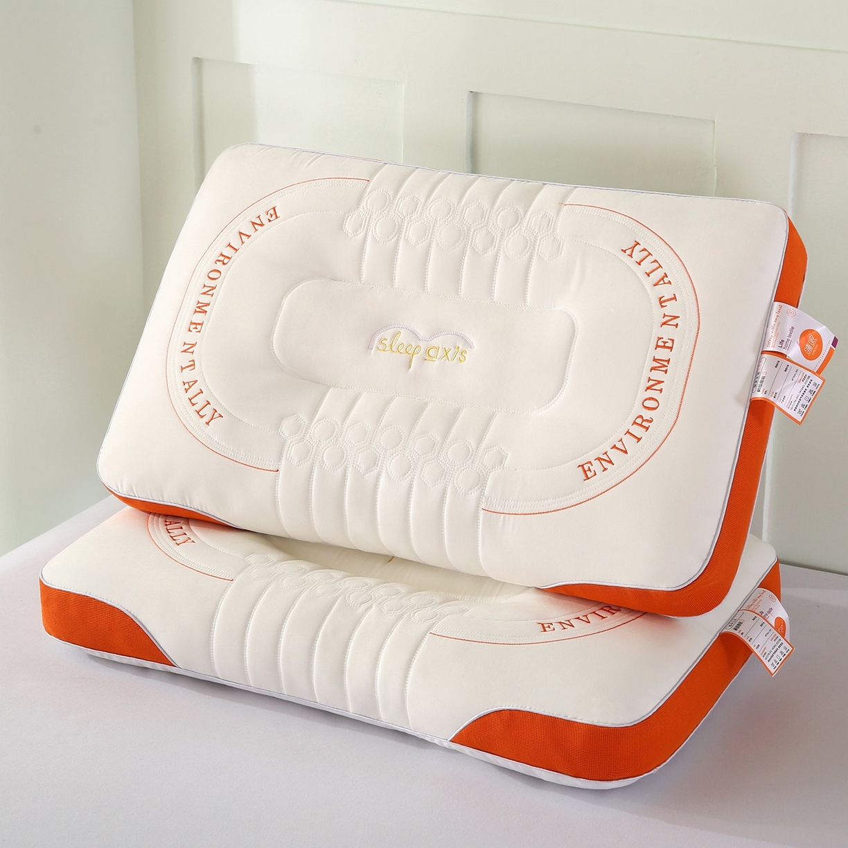 91家纺网 家纺一手货源 找家纺 怡薇格枕芯 2026新款英文刺绣按摩枕枕头枕芯 英文刺绣按摩枕-橙色