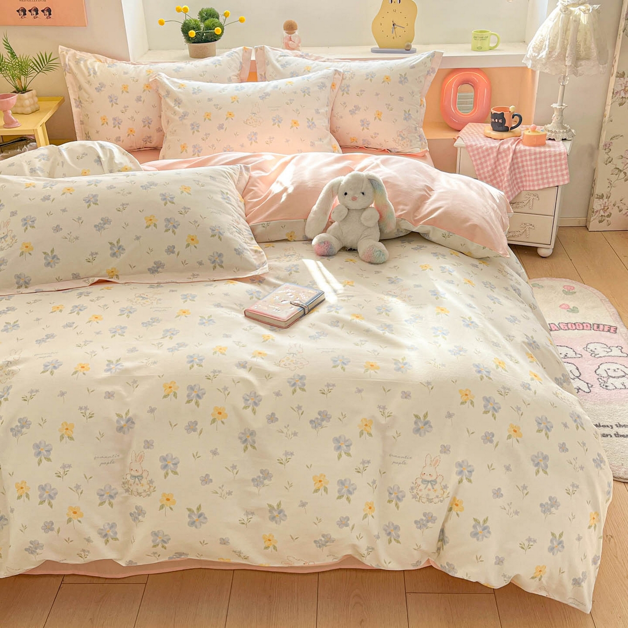 91家纺网 家纺一手货源 找家纺 涵宸家纺 2026新款全棉印花小清新四件套 兔茶春序