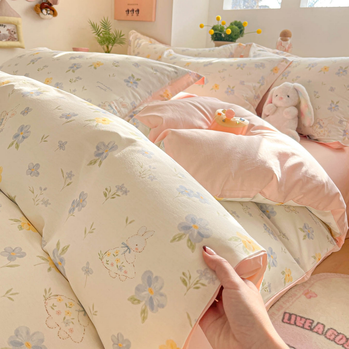 91家纺网 家纺一手货源 找家纺 涵宸家纺 2026新款全棉印花小清新四件套 兔茶春序