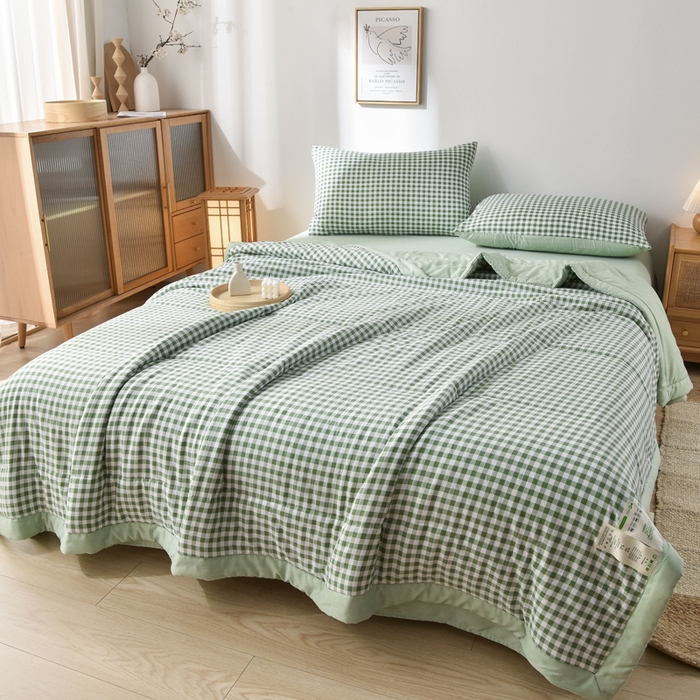 91家纺网 家纺一手货源 找家纺 欧朵家纺 2026春夏新款水洗棉新疆棉花被夏凉被空调被 绿小格