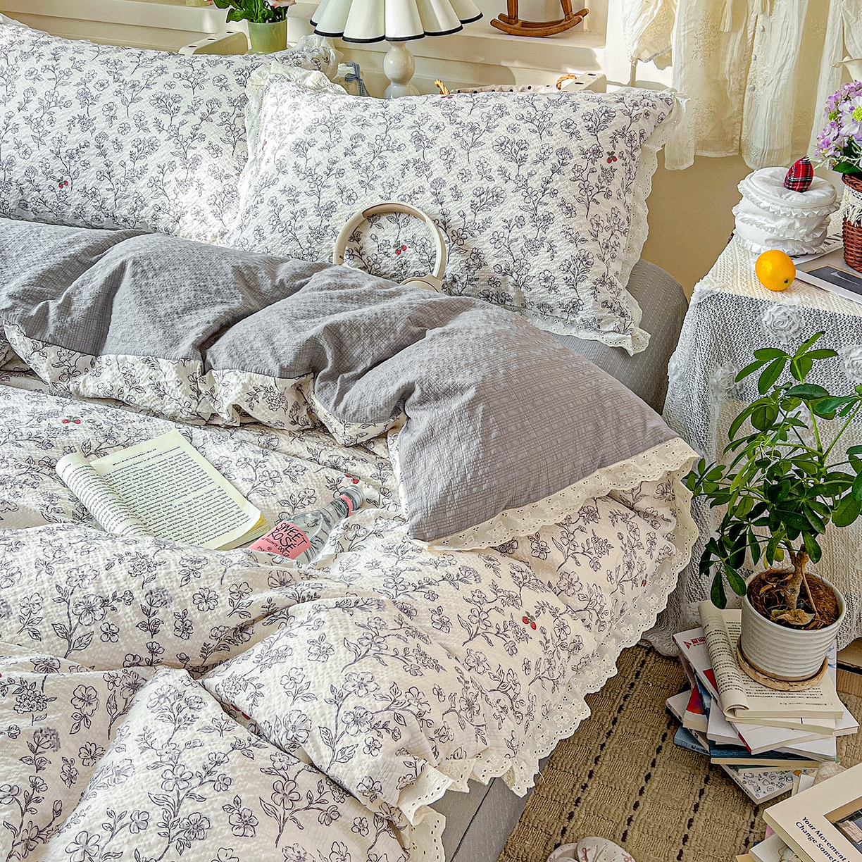 91家纺网 家纺一手货源 找家纺 一比一家纺 2026新款泡芙纱花边四件套 花影