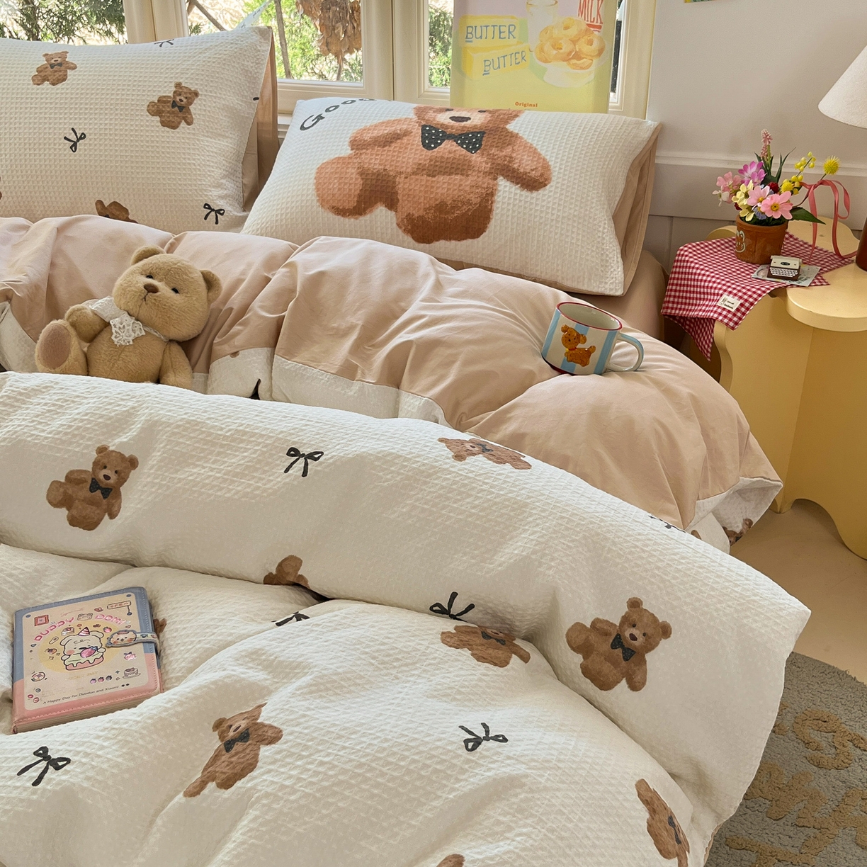 91家纺网 家纺一手货源 找家纺 （总）如一 2026新款全棉纯棉华夫格大版数码印花四件套,泰迪熊,粉蒂猫,帕恰狗,苹果象,熊猫灰,音乐狗,长耳兔