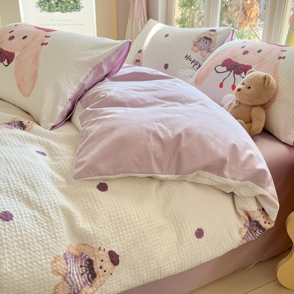 91家纺网 家纺一手货源 找家纺 如一 2026新款全棉纯棉华夫格大版数码印花四件套 长耳兔