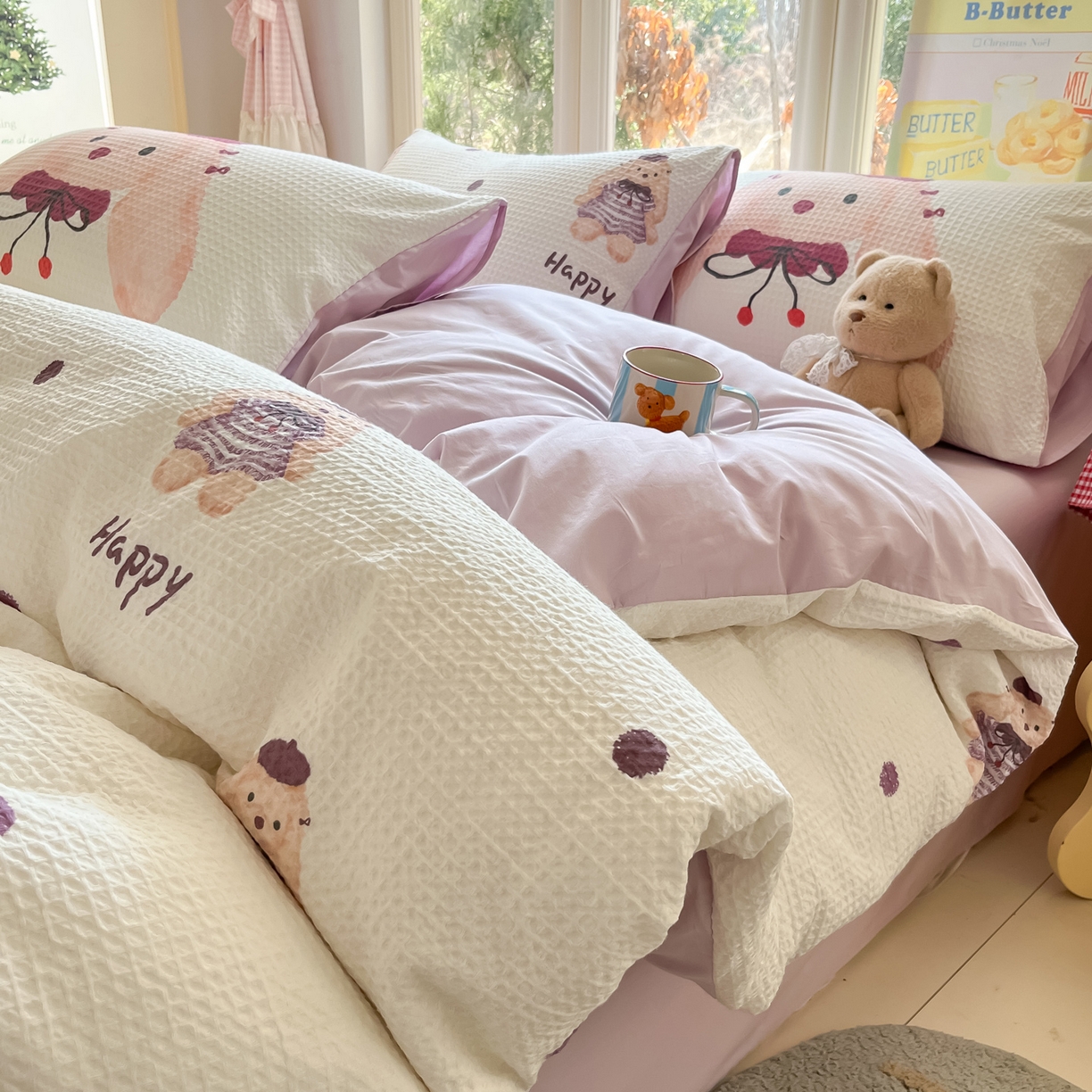 91家纺网 家纺一手货源 找家纺 如一 2026新款全棉纯棉华夫格大版数码印花四件套 长耳兔