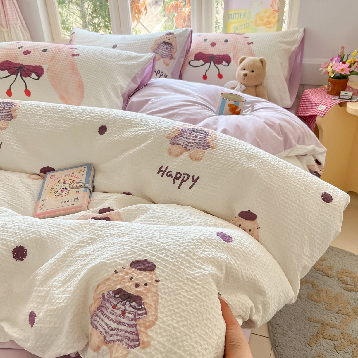 91家纺网 家纺一手货源 找家纺 如一 2026新款全棉纯棉华夫格大版数码印花四件套 长耳兔