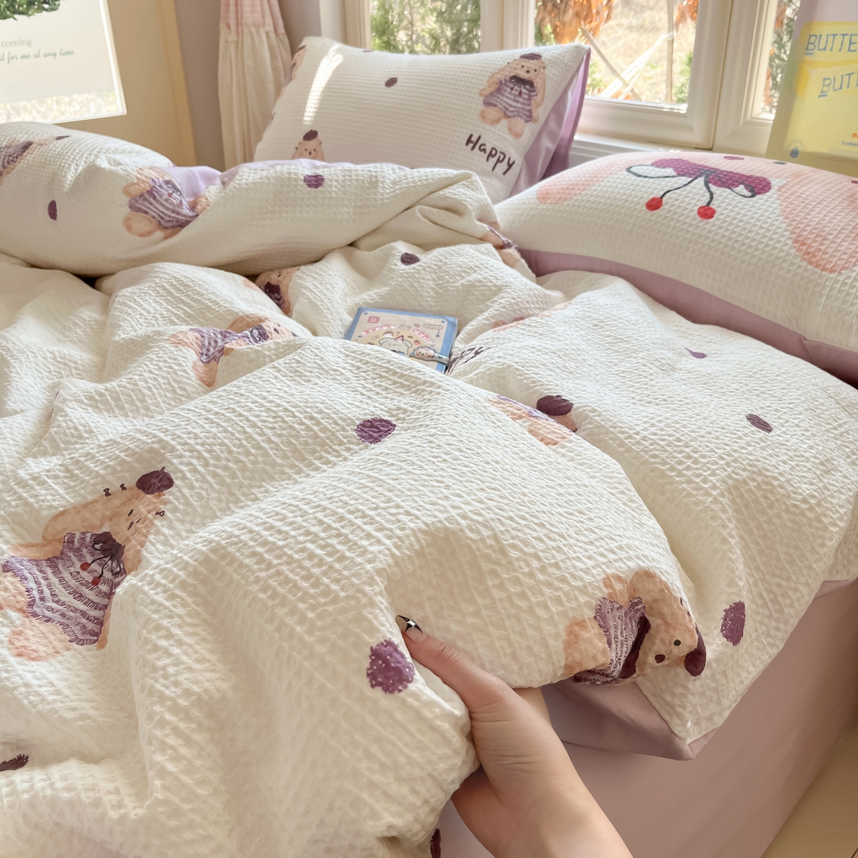 91家纺网 家纺一手货源 找家纺 如一 2026新款全棉纯棉华夫格大版数码印花四件套 长耳兔