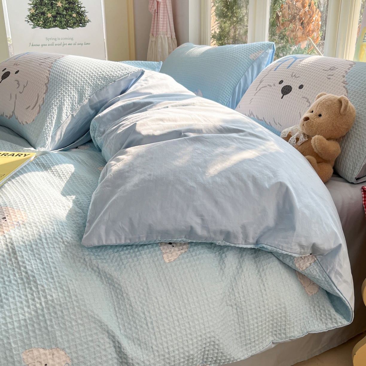 91家纺网 家纺一手货源 找家纺 如一 2026新款全棉纯棉华夫格大版数码印花四件套 帕恰狗