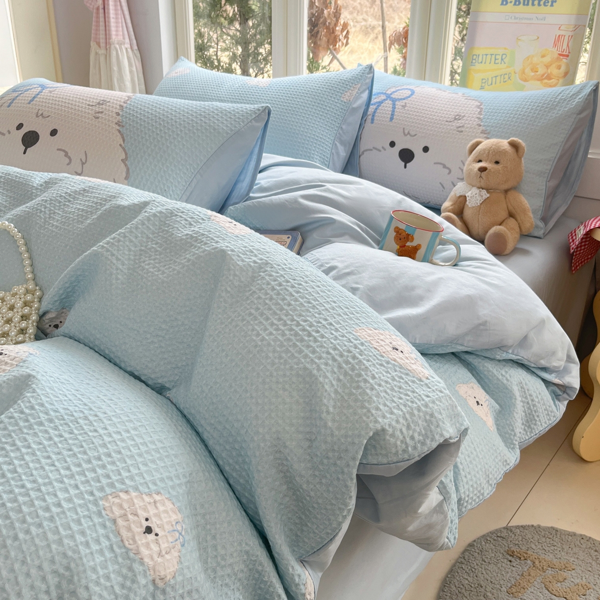 91家纺网 家纺一手货源 找家纺 如一 2026新款全棉纯棉华夫格大版数码印花四件套 帕恰狗