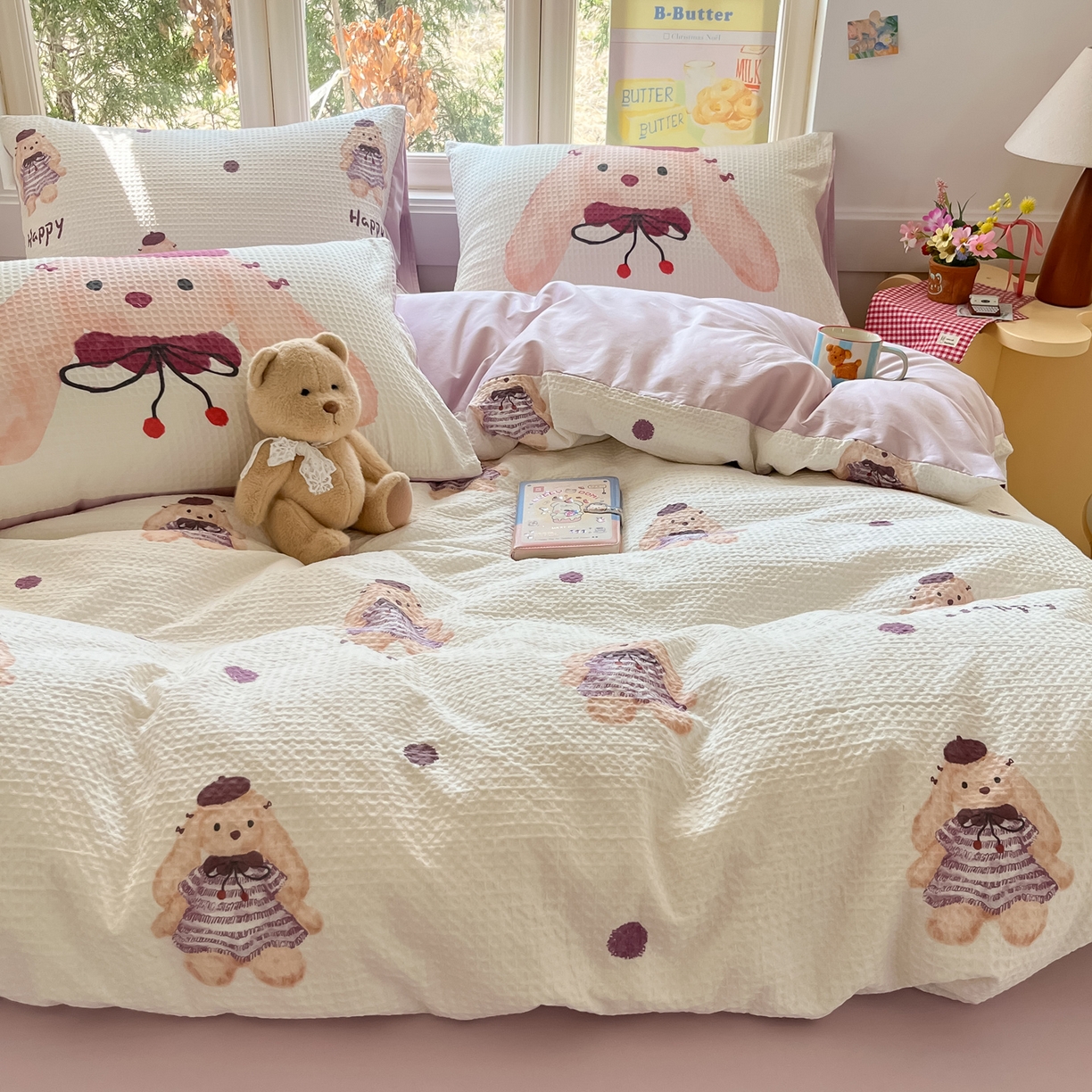 91家纺网 家纺一手货源 找家纺 如一 2026新款全棉纯棉华夫格大版数码印花四件套 长耳兔