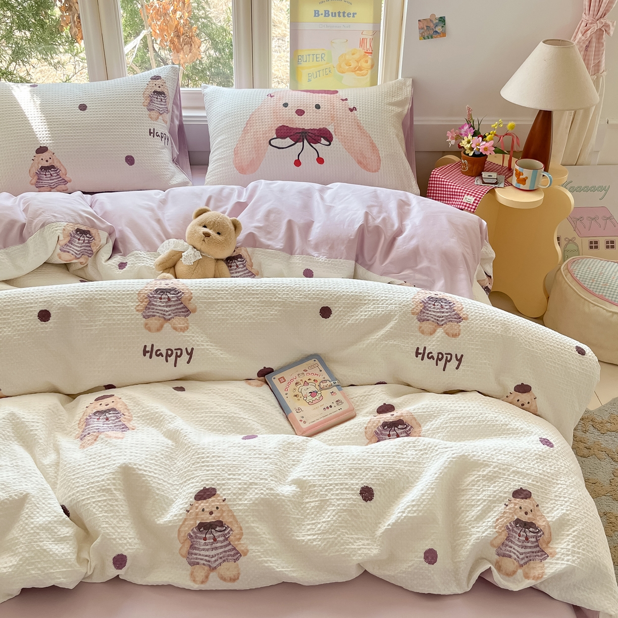 91家纺网 家纺一手货源 找家纺 如一 2026新款全棉纯棉华夫格大版数码印花四件套 长耳兔