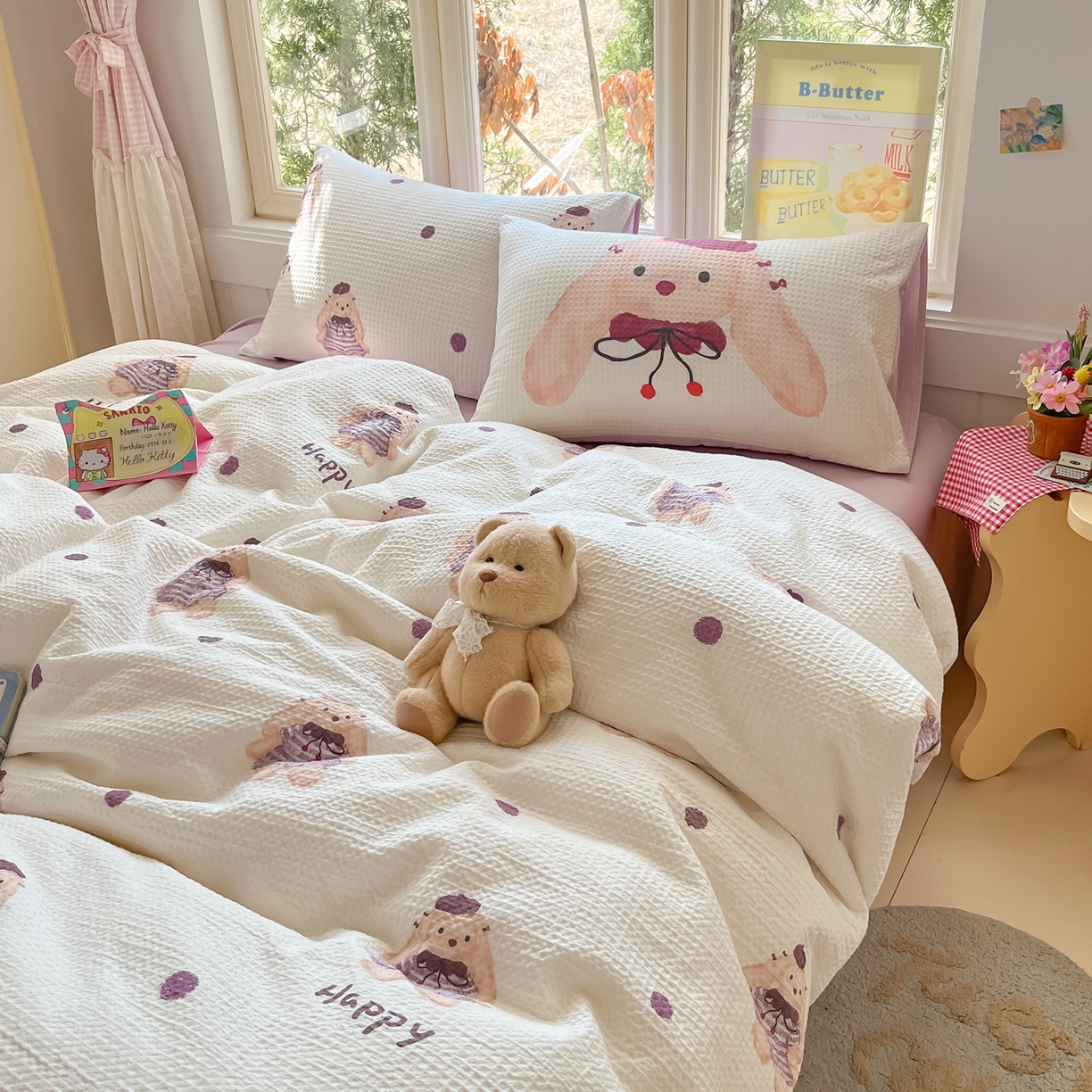 91家纺网 家纺一手货源 找家纺 如一 2026新款全棉纯棉华夫格大版数码印花四件套 长耳兔