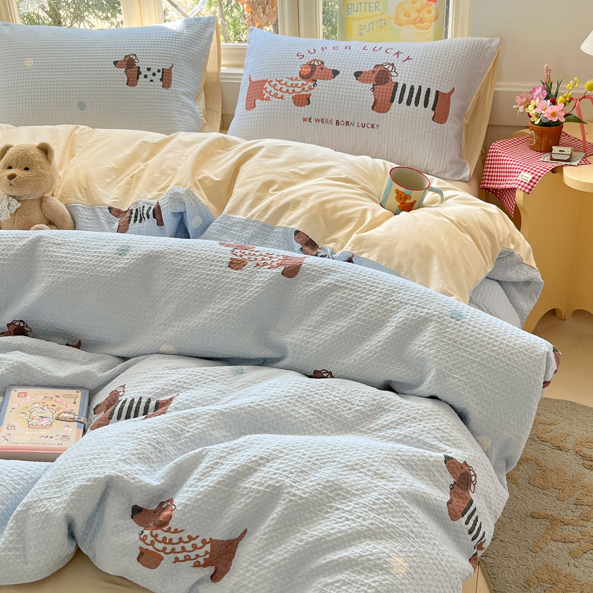 如一 2026新款全棉纯棉华夫格大版数码印花四件套 音乐狗