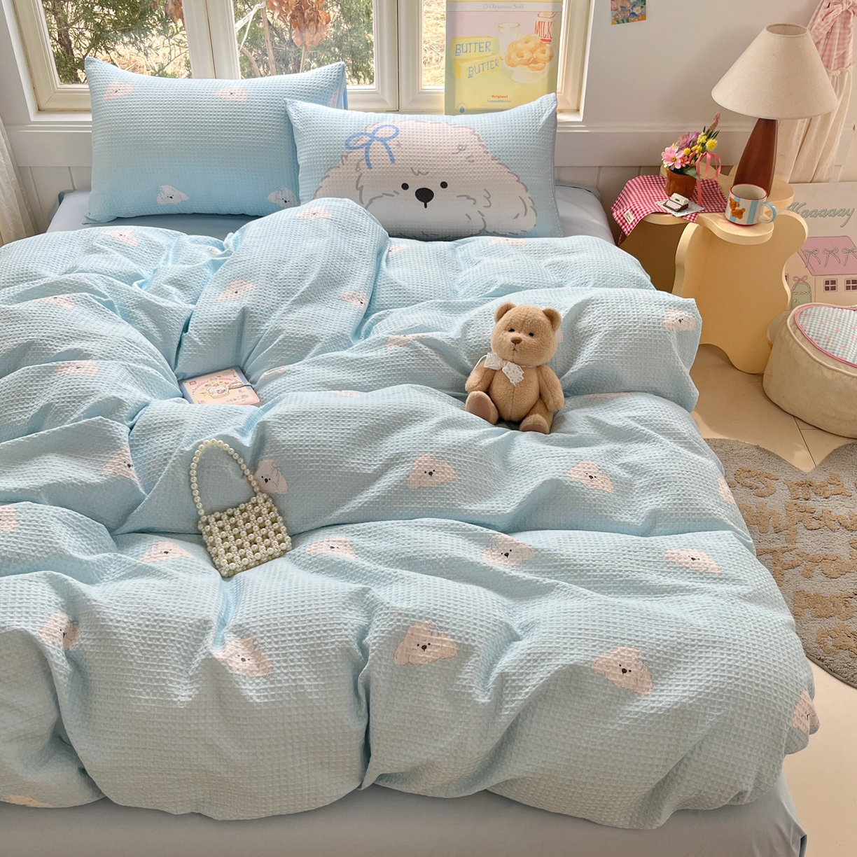 91家纺网 家纺一手货源 找家纺 如一 2026新款全棉纯棉华夫格大版数码印花四件套 帕恰狗