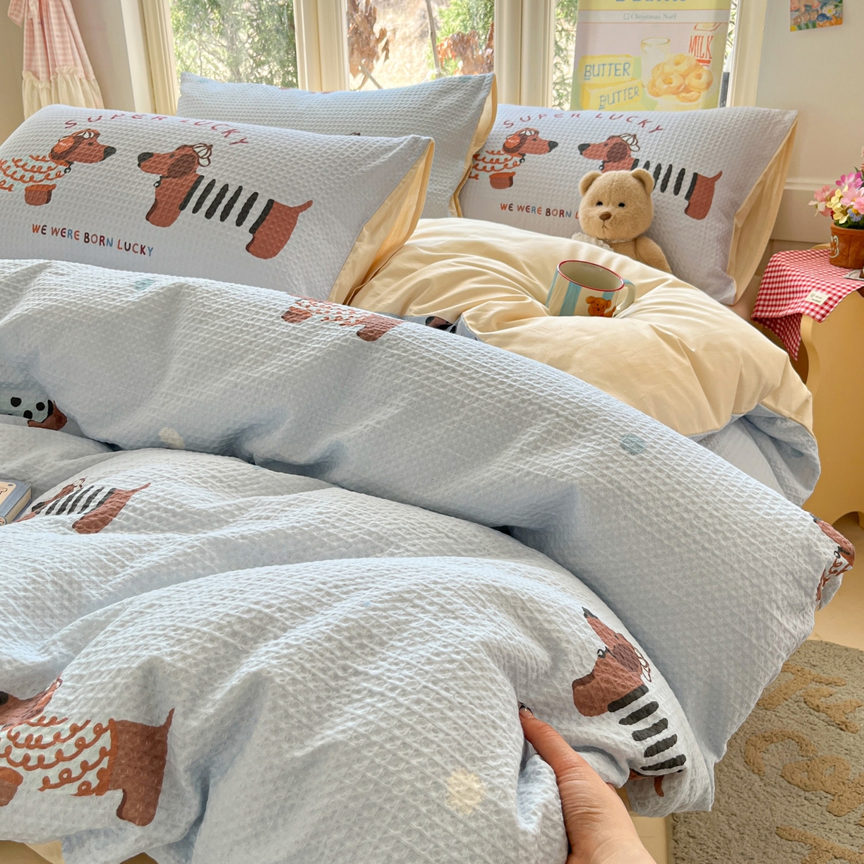 91家纺网 家纺一手货源 找家纺 如一 2026新款全棉纯棉华夫格大版数码印花四件套 音乐狗