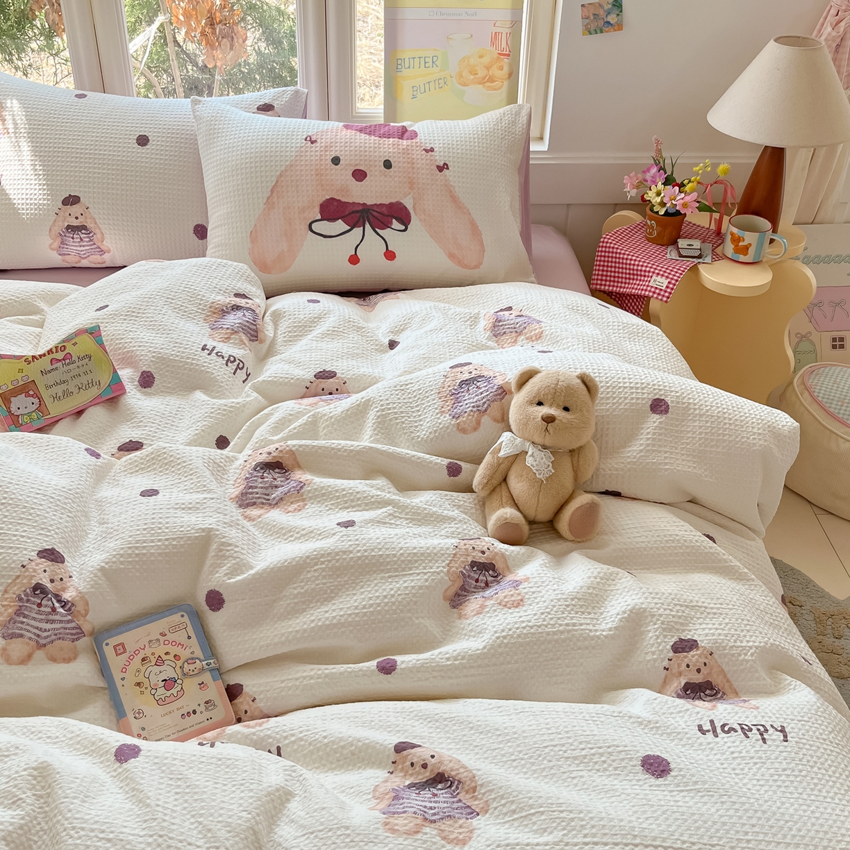 91家纺网 家纺一手货源 找家纺 如一 2026新款全棉纯棉华夫格大版数码印花四件套 长耳兔