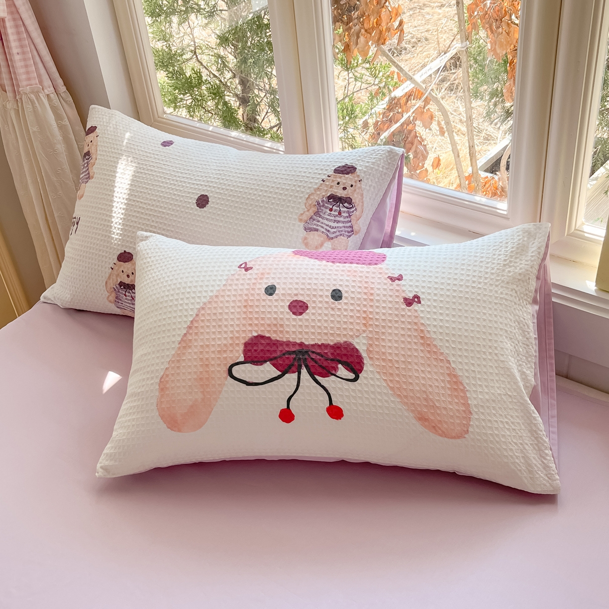 91家纺网 家纺一手货源 找家纺 如一 2026新款全棉纯棉华夫格大版数码印花四件套 长耳兔