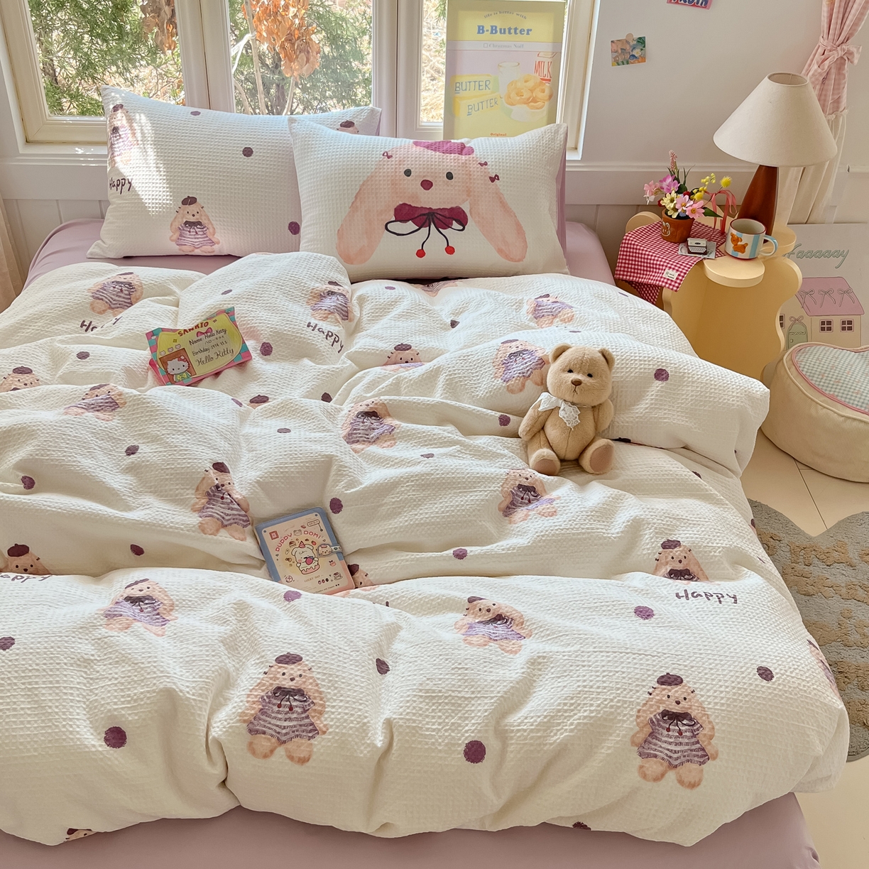 91家纺网 家纺一手货源 找家纺 如一 2026新款全棉纯棉华夫格大版数码印花四件套 长耳兔