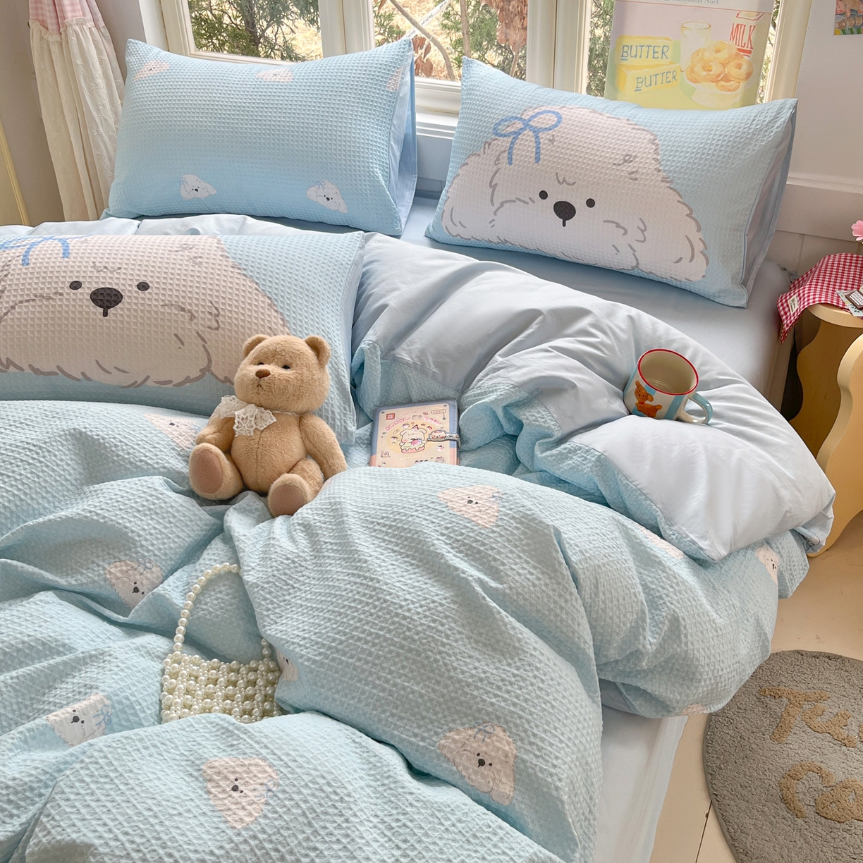 91家纺网 家纺一手货源 找家纺 如一 2026新款全棉纯棉华夫格大版数码印花四件套 帕恰狗