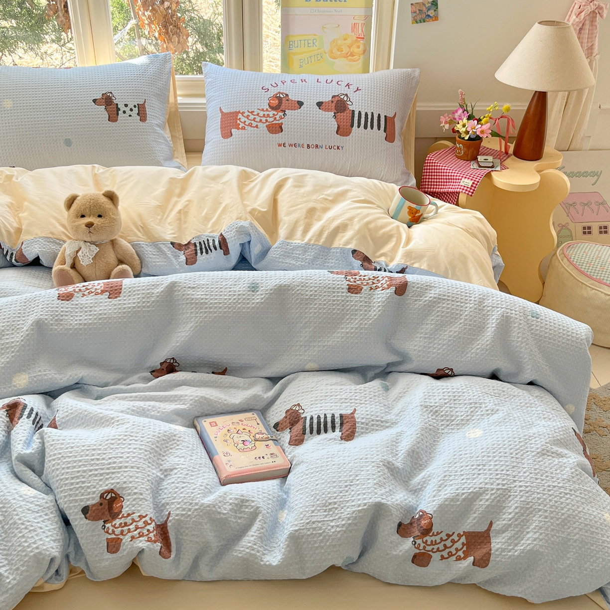 91家纺网 家纺一手货源 找家纺 如一 2026新款全棉纯棉华夫格大版数码印花四件套 音乐狗