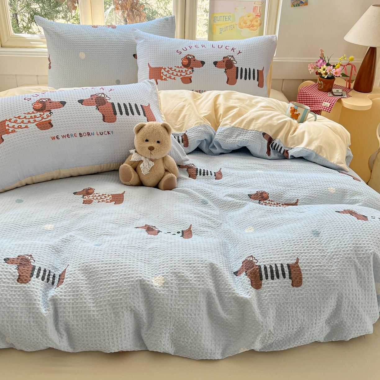 91家纺网 家纺一手货源 找家纺 如一 2026新款全棉纯棉华夫格大版数码印花四件套 音乐狗